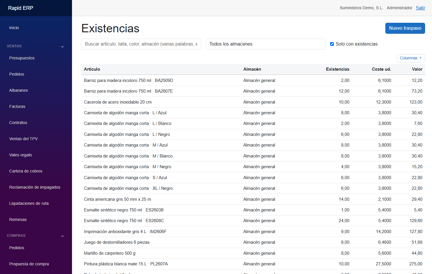 Existencias del almacén