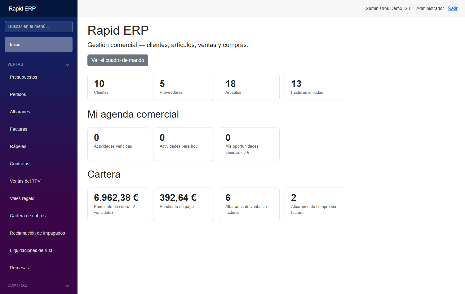 Pantalla de inicio de Rapid ERP
