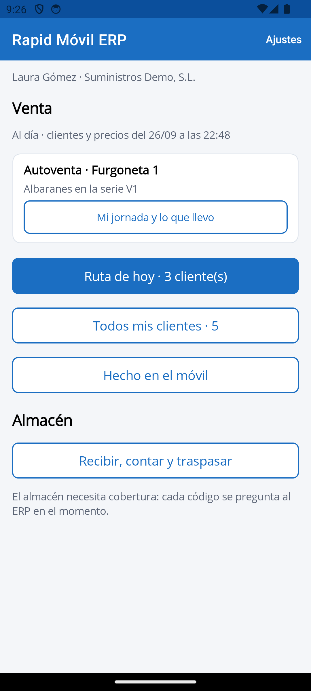 Pantalla de inicio de Rapid Móvil ERP